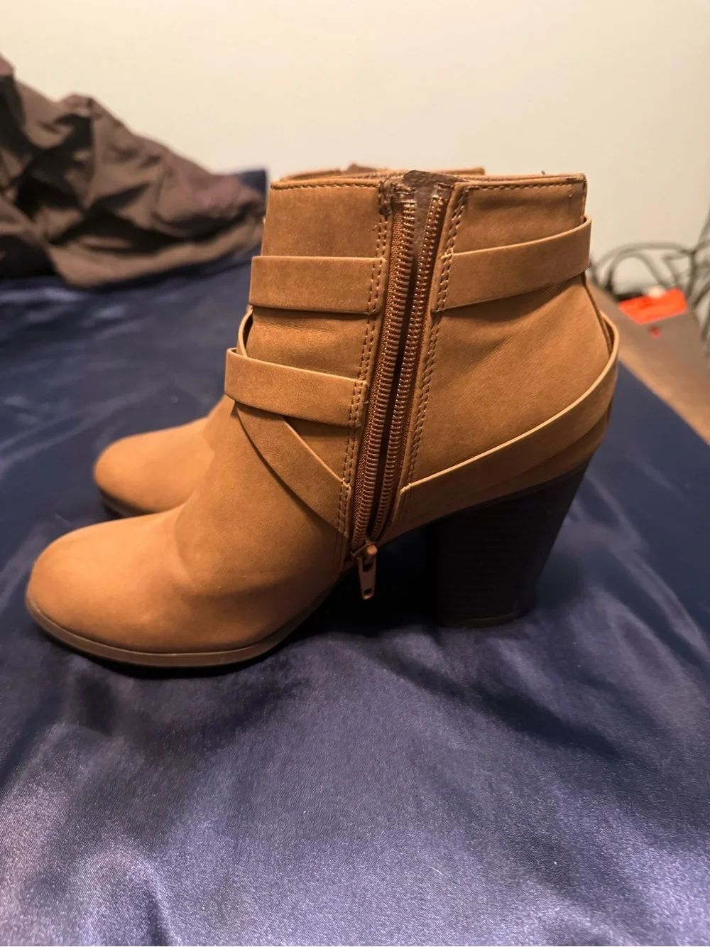 Charlotte Russe Tan Suede-Look Ankle Booties with Wrap Straps